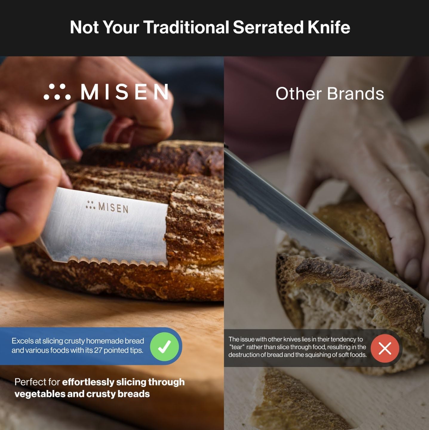 Misen Serrated Bread Knife – High-Carbon Japanese AUS8 Steel – Effortless Slicing of Bread, Pastries, and Fruits – Razor-Sharp Edge and Durable Blade with Ergonomic Handle - 10", Gray