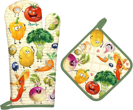 Vegetables Oven Mitts and Pot Holders Sets 2Pcs, 100% Cotton Heat Resistant, Extra Long Oven Gloves Potholder for Kitchen Cooking Baking Decoration