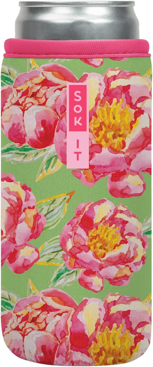 Sok It CanSok Sleeve for Beer & Soda Insulated Neoprene Cover (Pink Peonies, 12oz Slim Can Sleeve)