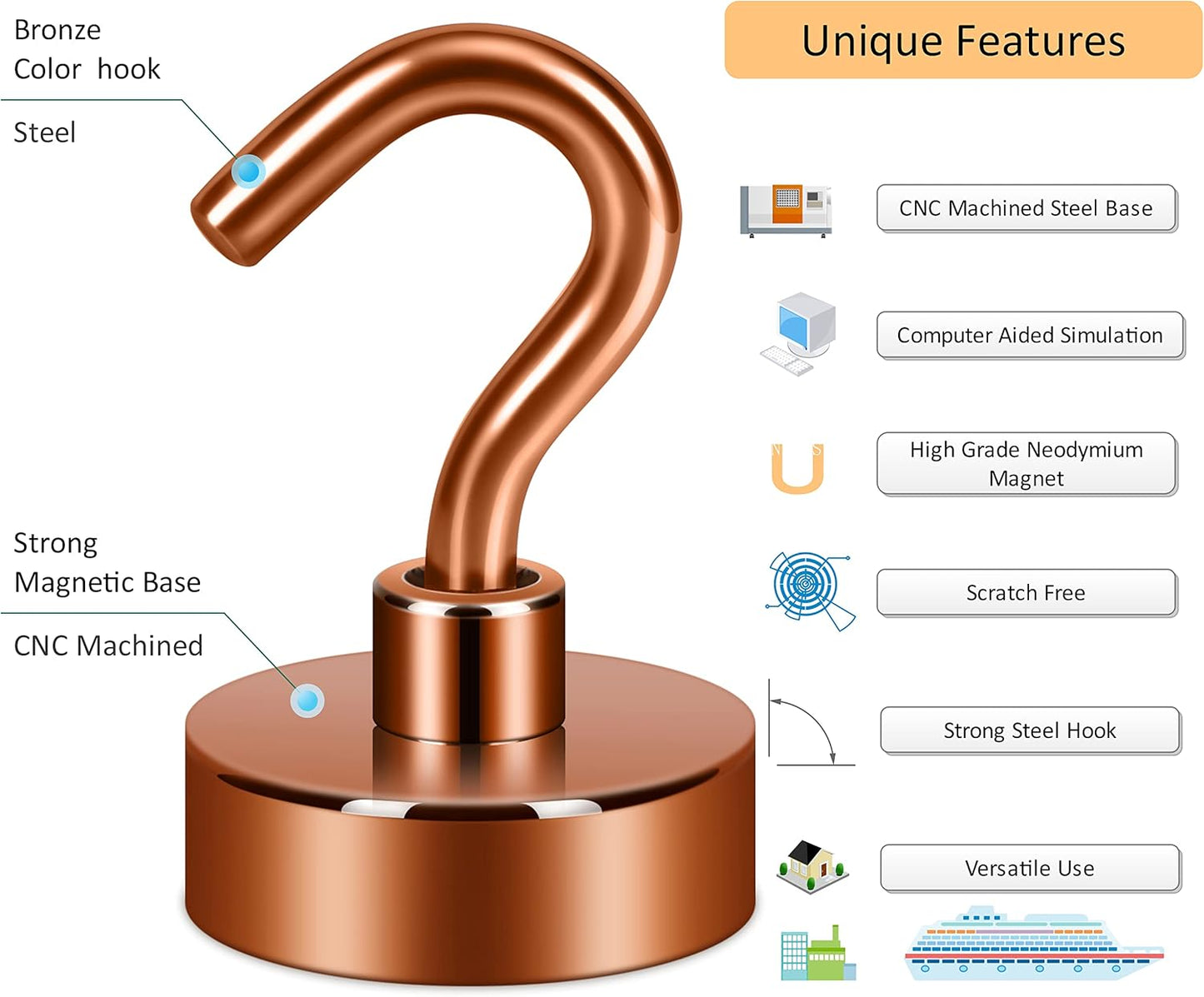 Neosmuk Magnetic Hooks,Heavy Duty Earth Magnets with Hook for Refrigerator, Extra Strong Cruise Hook for Hanging, Magnetic Hanger for Cabins, Grill (Bronze, Pack of 10)