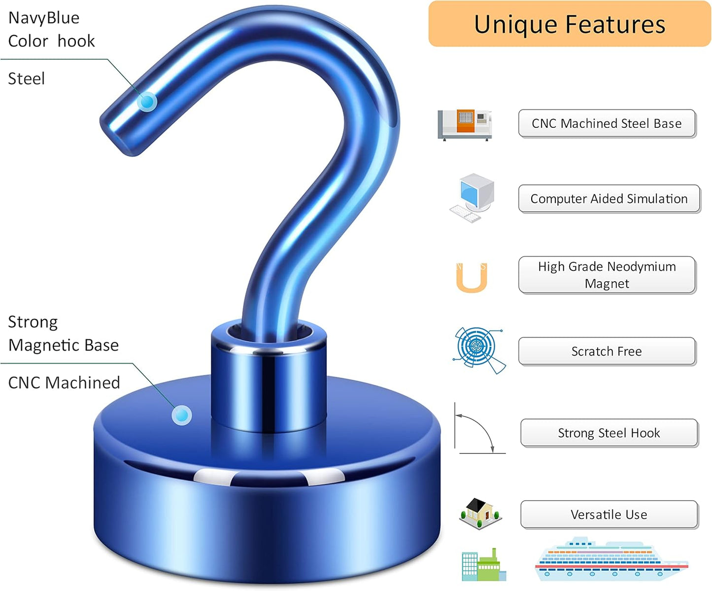 Neosmuk Magnetic Hooks, Heavy Duty Earth Magnets with Hook for Refrigerator, Extra Strong Cruise Hook for Hanging, Magnetic Hanger for Cabins, Grill (Navyblue, Pack of 10)