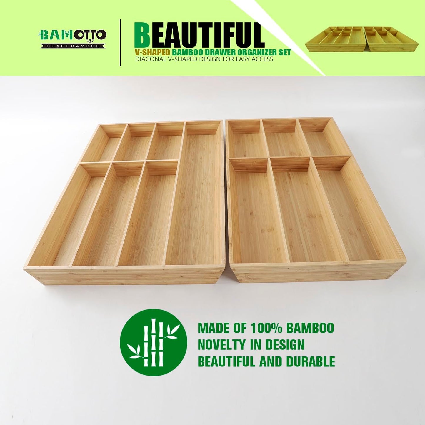 V-Shaped Extra Large Bamboo Drawer Organizer Set of 2, Kitchen Cutlery Tray Utensil Plate, Flatware&Silverware Storage Box, Wood Organizer for Bedroom, Living Room (19.6"x14.6" & 19.6"x12.4")