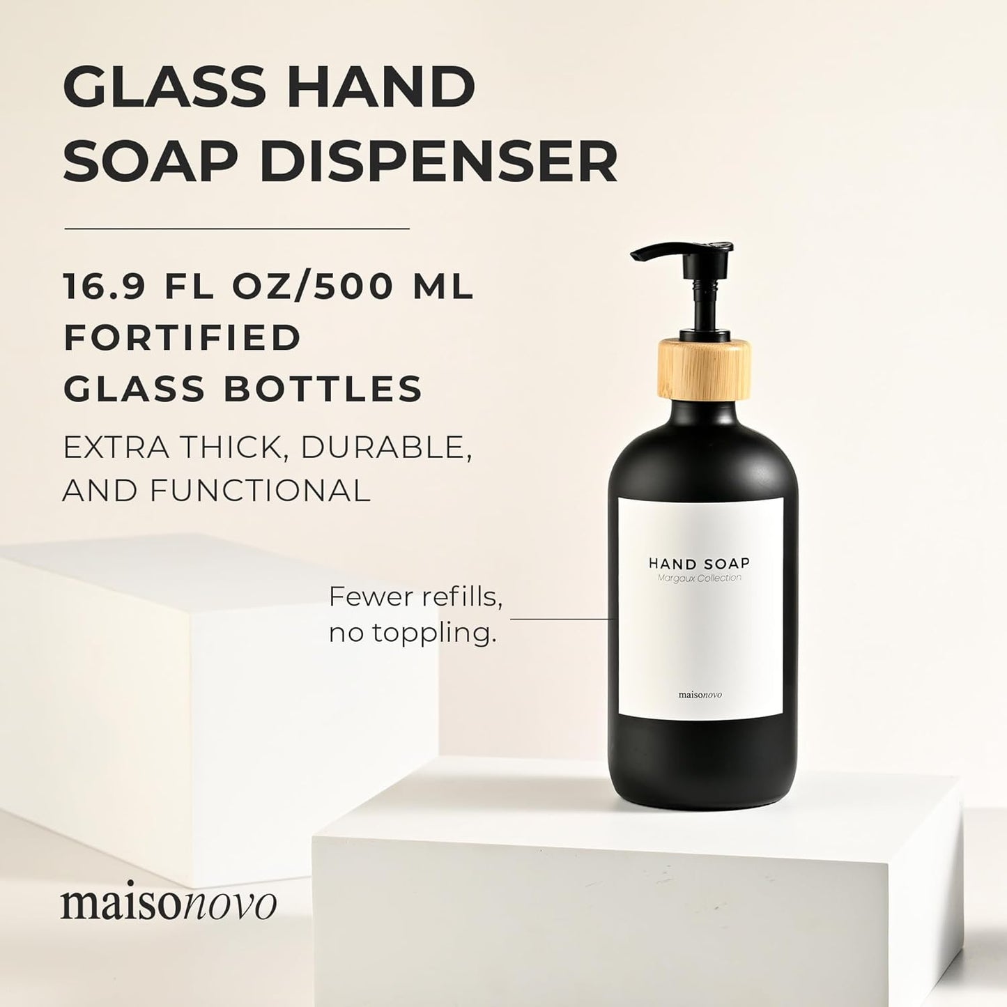 MaisoNovo Glass Hand Soap Dispenser | Dish Soap Dispenser for Kitchen | 16.9oz Black Bottles with Black Bamboo Pump | Bathroom Lotion Dispenser