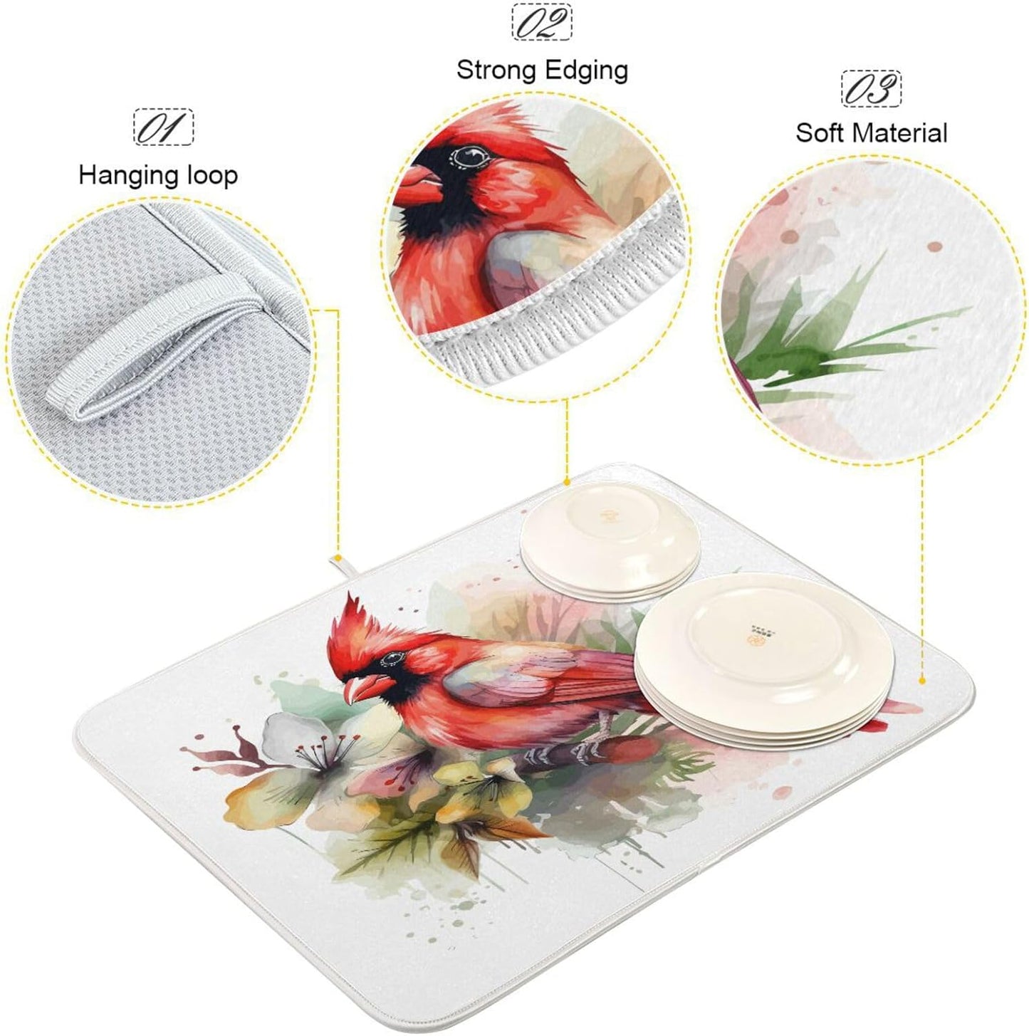 Cute Cardinal Christmas Dish Drying Mat for Kitchen Counter Absorbent Microfiber Drying Pad, Medium 16x18 in, Reversible Drainer Mats