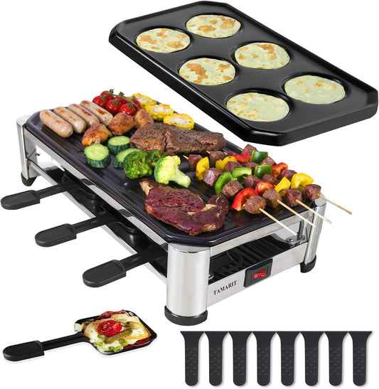 TAMARIT 8-Person Raclette Grill, Electric Party Grill with Nonstick grill & crepe Plates, 8 Pans & Spatulas, 1500W (Indoor), Stainless Steel