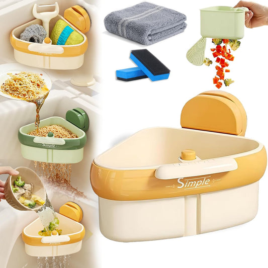 Suction Cup Sink Corner Rack, 2025 Upgraded Self-Cleaning Sink Strainer Basket, Removable Food Waste Catcher with Drain Hole, Say Goodbye to Gross Food Scraps and Smelly Sinks (Yellow)