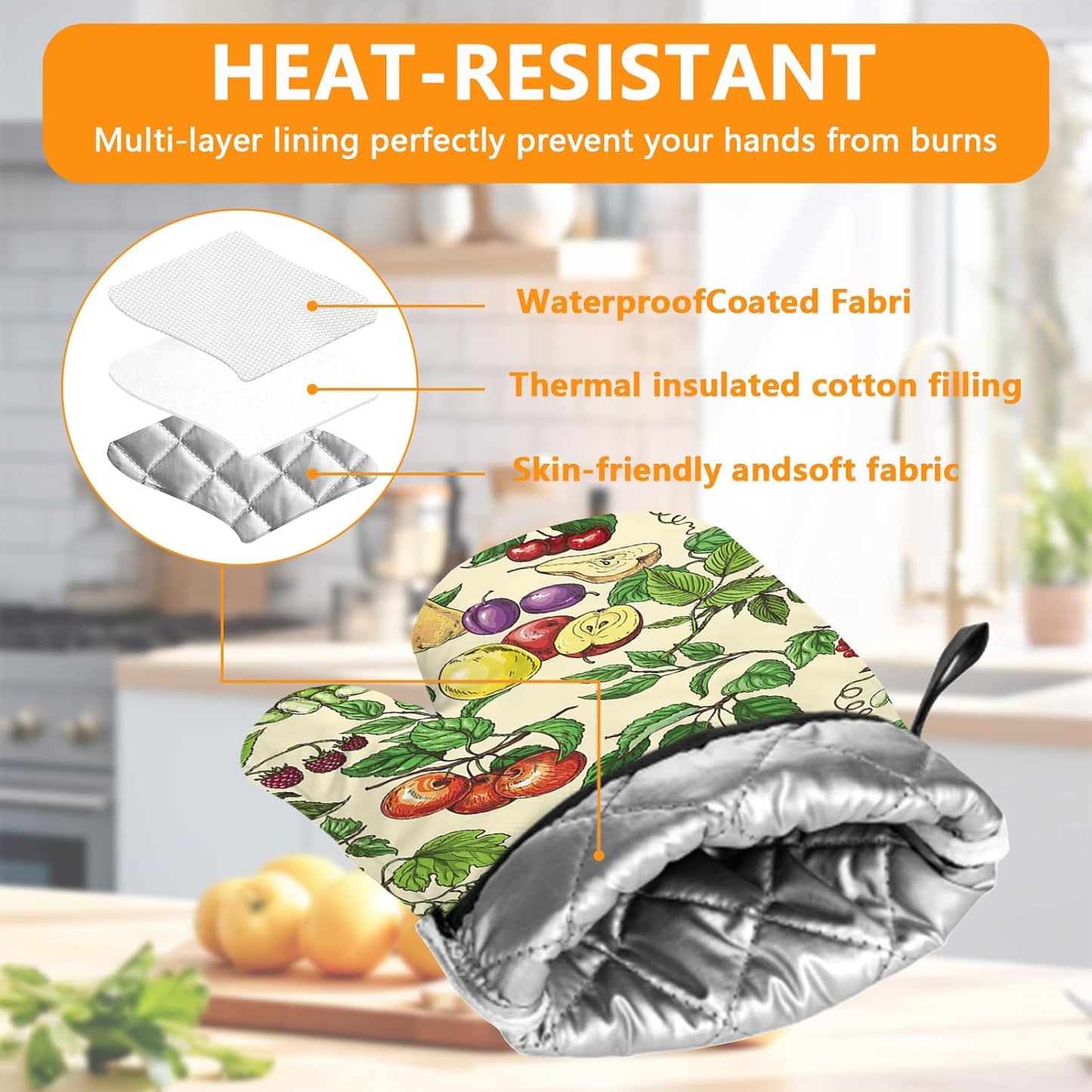 Fruit Oven Mitts and Pot Holders Sets 4Pcs,Extra Long Oven Gloves Potholder for Kitchen Cooking Baking BBQ 100% Cotton Heat Resistant