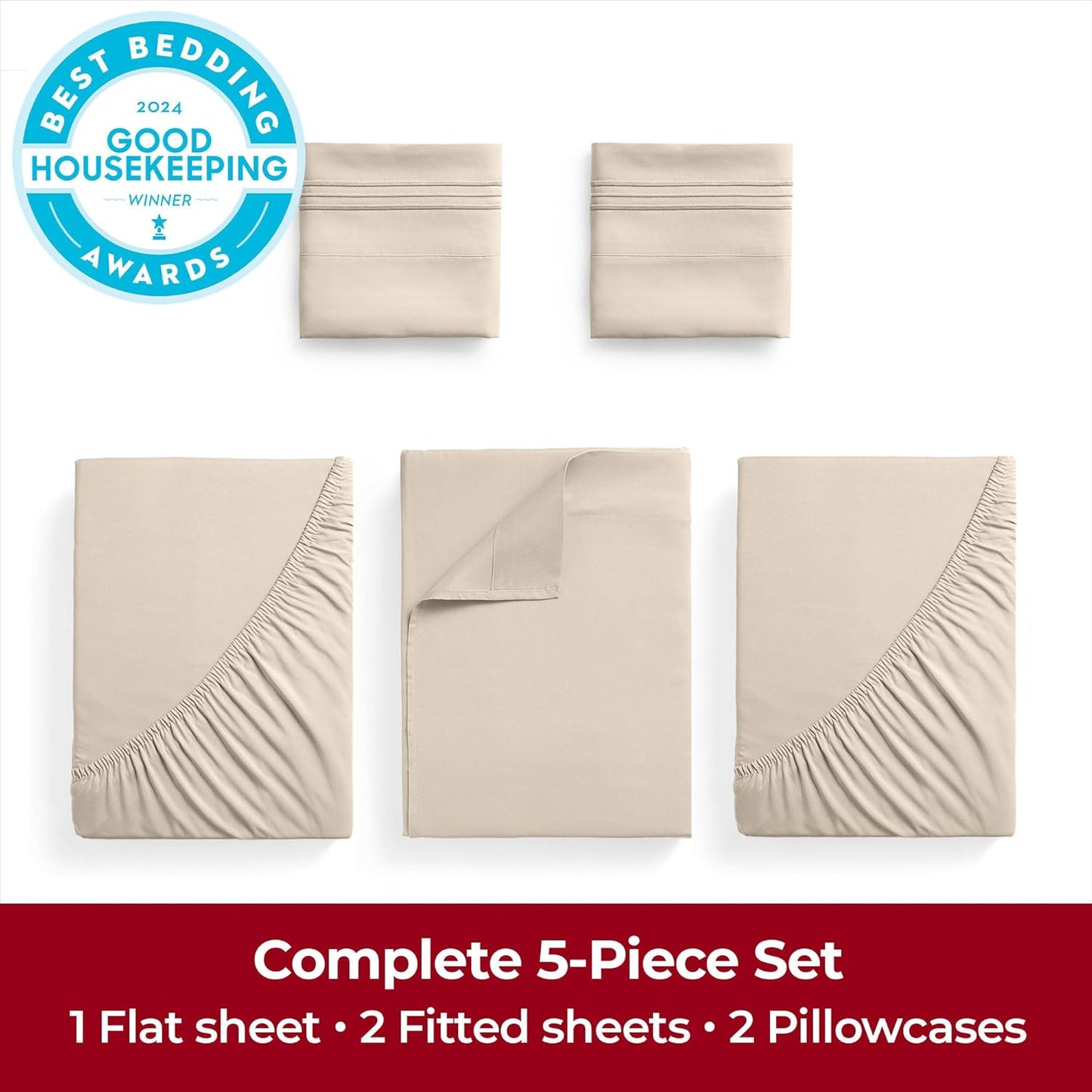 Mellanni Extra Deep Split King Sheets - 5 PC Iconic Collection Bedding - Hotel Luxury, Ultra Soft, Cooling Bed Sheets - Wrinkle, Fade, Stain Resistant (Split King, Beige)