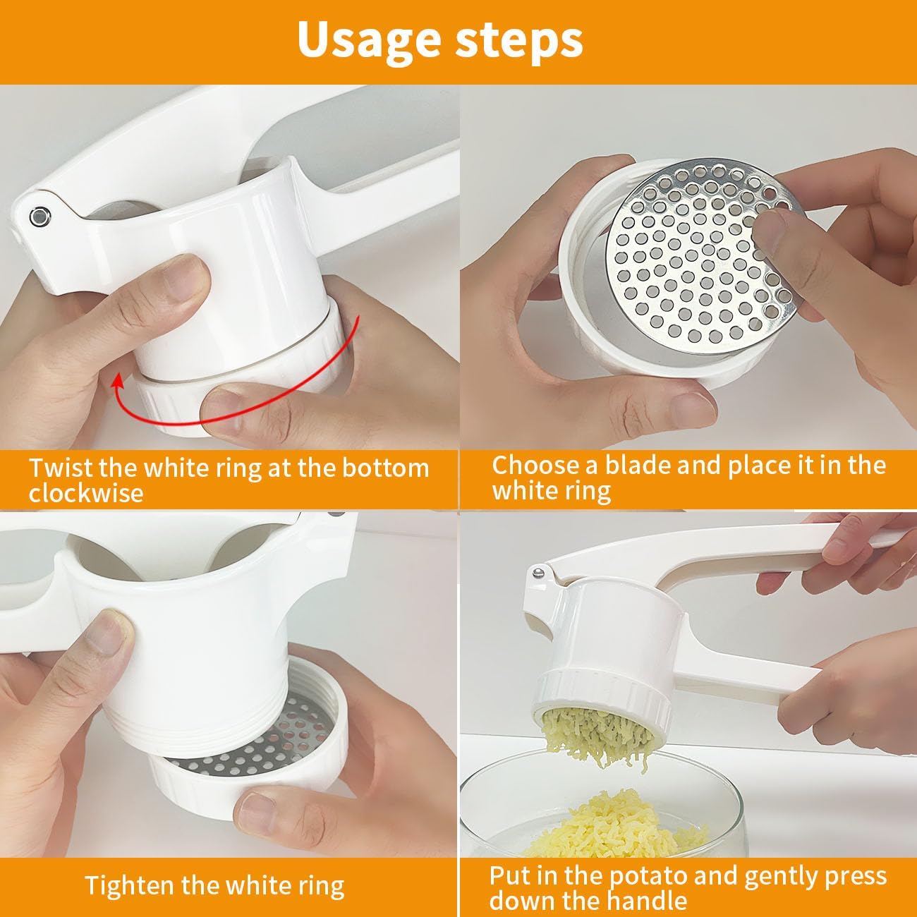 LHS Potato Ricer, Potato Masher for Potatoes with 3 Interchangeable Discs, Large Capacity Potato Masher and Ricer Kitchen Tool for Fruit, Vegetables, Baby Food, White