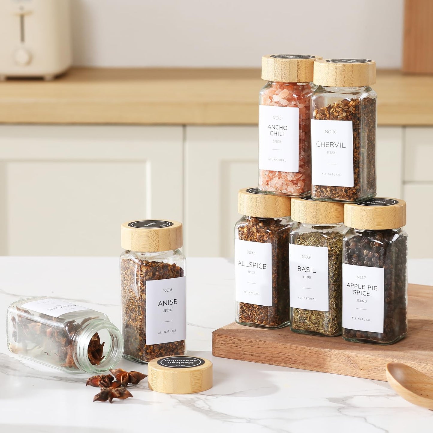 4 oz Glass Spice Jars with Bamboo Lids, Clear Empty Jars with Labels Stickers, Collapsible Funnel, Seasoning Storage Bottles for Spice Racks (24 Pack)