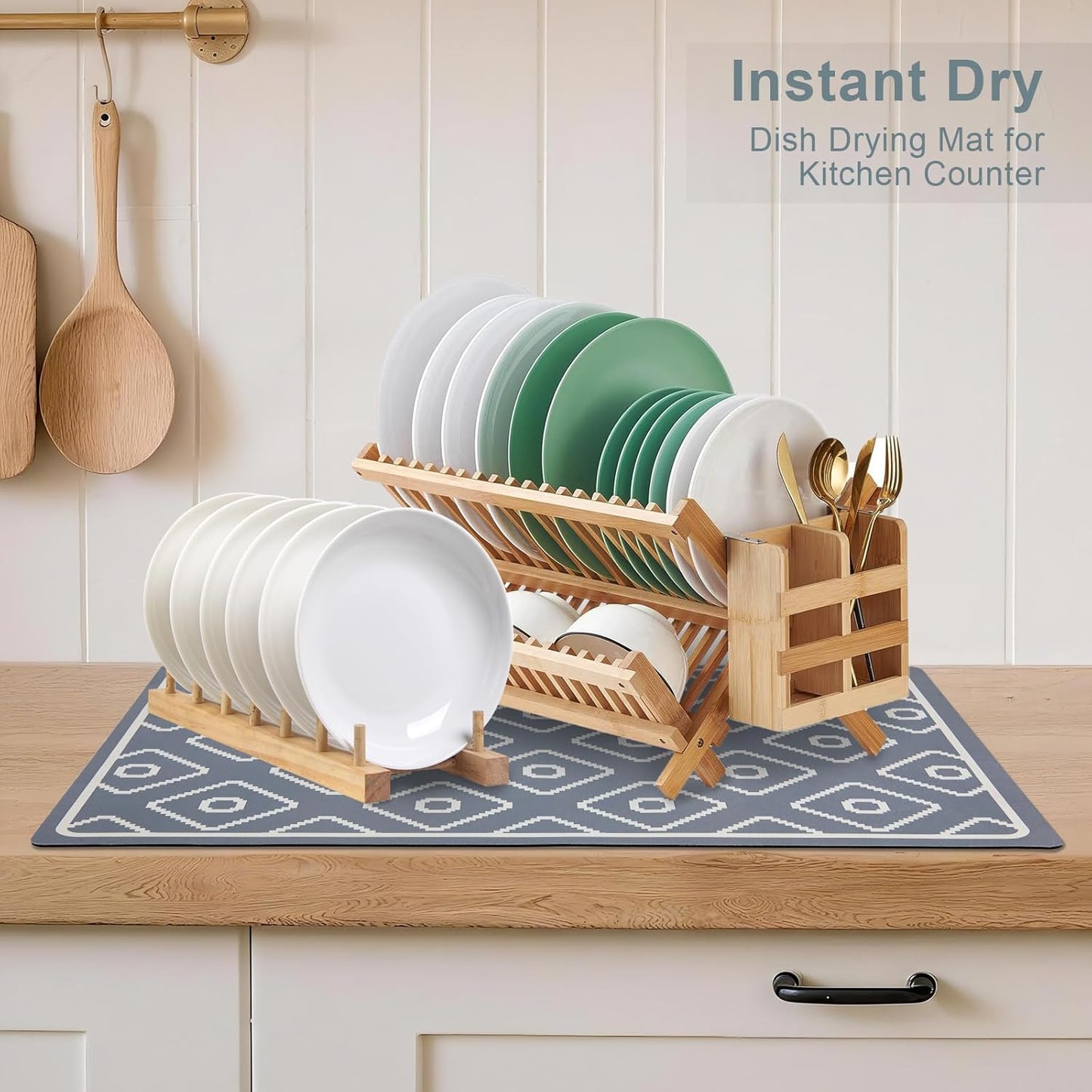 SUEH DESIGN Dish Drying Mat, Absorbent Coffee Mat 23.6 x 15.7 in Quick Dry Kitchen Drying Dish Drain Mat for Kitchen Counter Coffee Bar, Gray