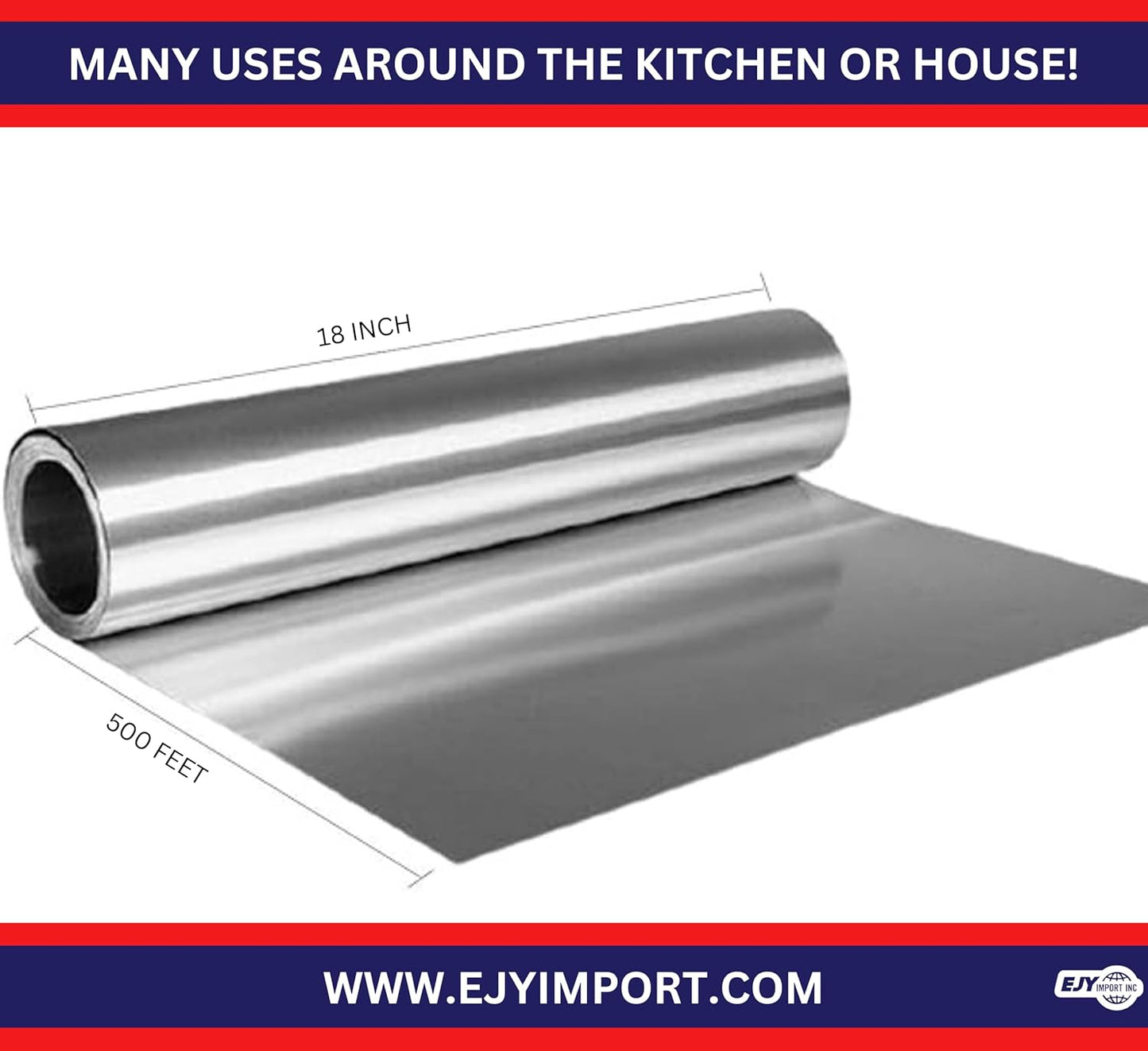 18” x 500 Feet Heavy Duty Aluminum Foil Wrap | Commercial Grade for Food Service Industry | Aluminum Silver Foil for Cooking, Baking, Roasting, BBQ & Parties | 18"x 500 Feet Long. (1)