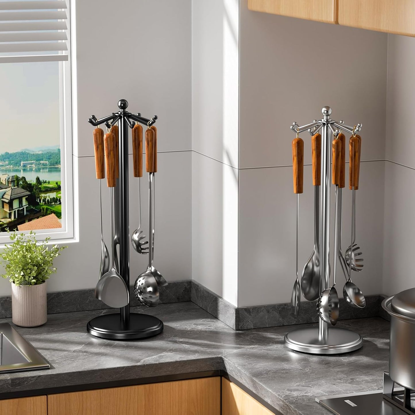 Kitchen Countertop Utensil Holder, Stainless Steel Rotatable Cooking Utensils Holder with 8 Rotating Hooks, Hanging Organizer for Spoon, Spatula, Black