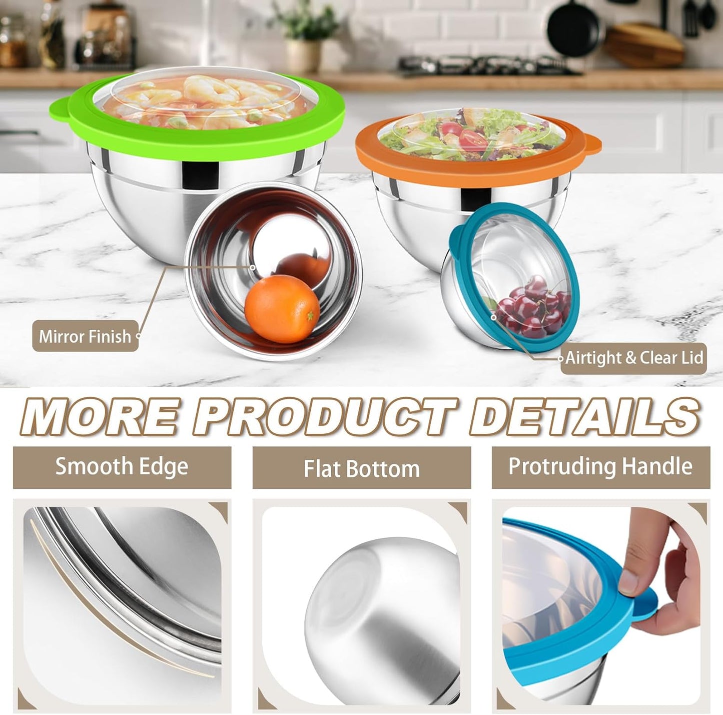 P&P CHEF Mixing Bowl with Lid Set of 7, Stainless Steel Nesting Salad Bowls for Cooking Serving Prepping, Clear Lids & Stackable Design, Size 4.6, 3.5, 3, 2, 1.5, 1, 0.7 Qt - Multicolor