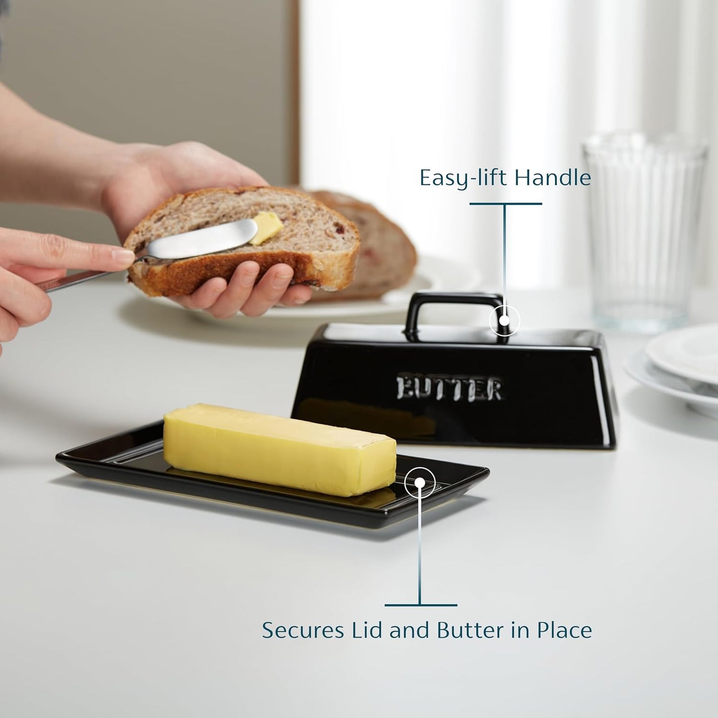 Butter Dish with Lid for Countertop, by Kook, Ceramic Dish Tray with Cover, Kitchen Keeper, Container, Holder, Holds 1 Stick, Microwave and Dishwasher Safe, Black