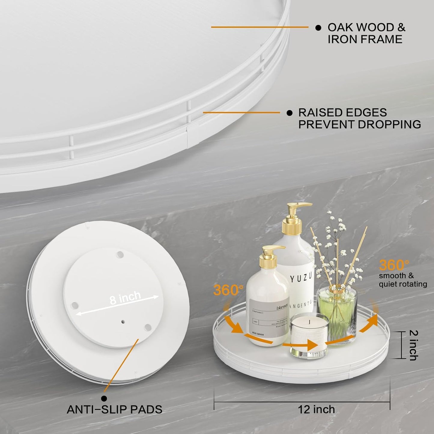 12" Oak Wood Bathroom Tray for Counter, Vanity Tray for Perfume Lotion Candle Makeup Jewelry Sink Soap Holder Turntable Dresser Organizer Countertop Coffee Table Decor Organization and Storage White