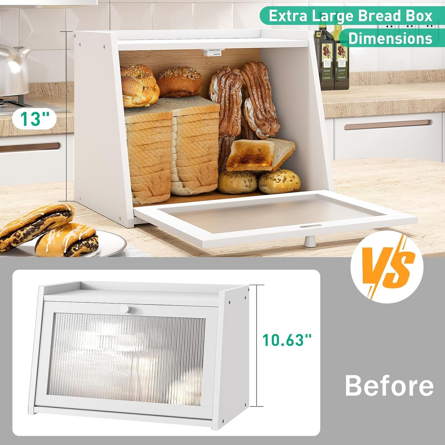Large Bread Box for Kitchen Counter, White Bamboo Bread Storage Container with Wavy Arcylic Transparent Door, Bamboo Wooden Farmhouse Bread Box for Your House