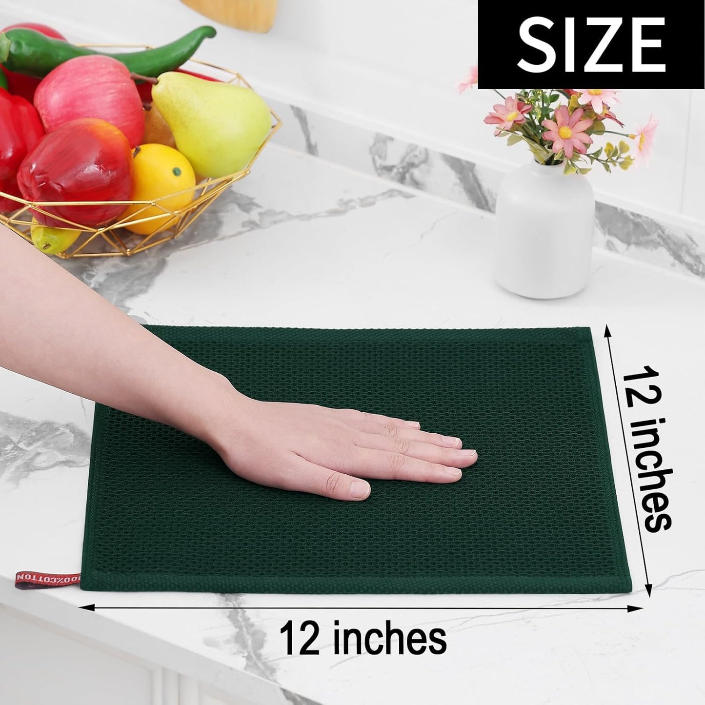 Homaxy 100% Cotton Waffle Weave Kitchen Dish Towels, Ultra Soft Absorbent Quick Drying Cleaning Towel, 13 x 28 Inches, 4-Pack, Blackish Green