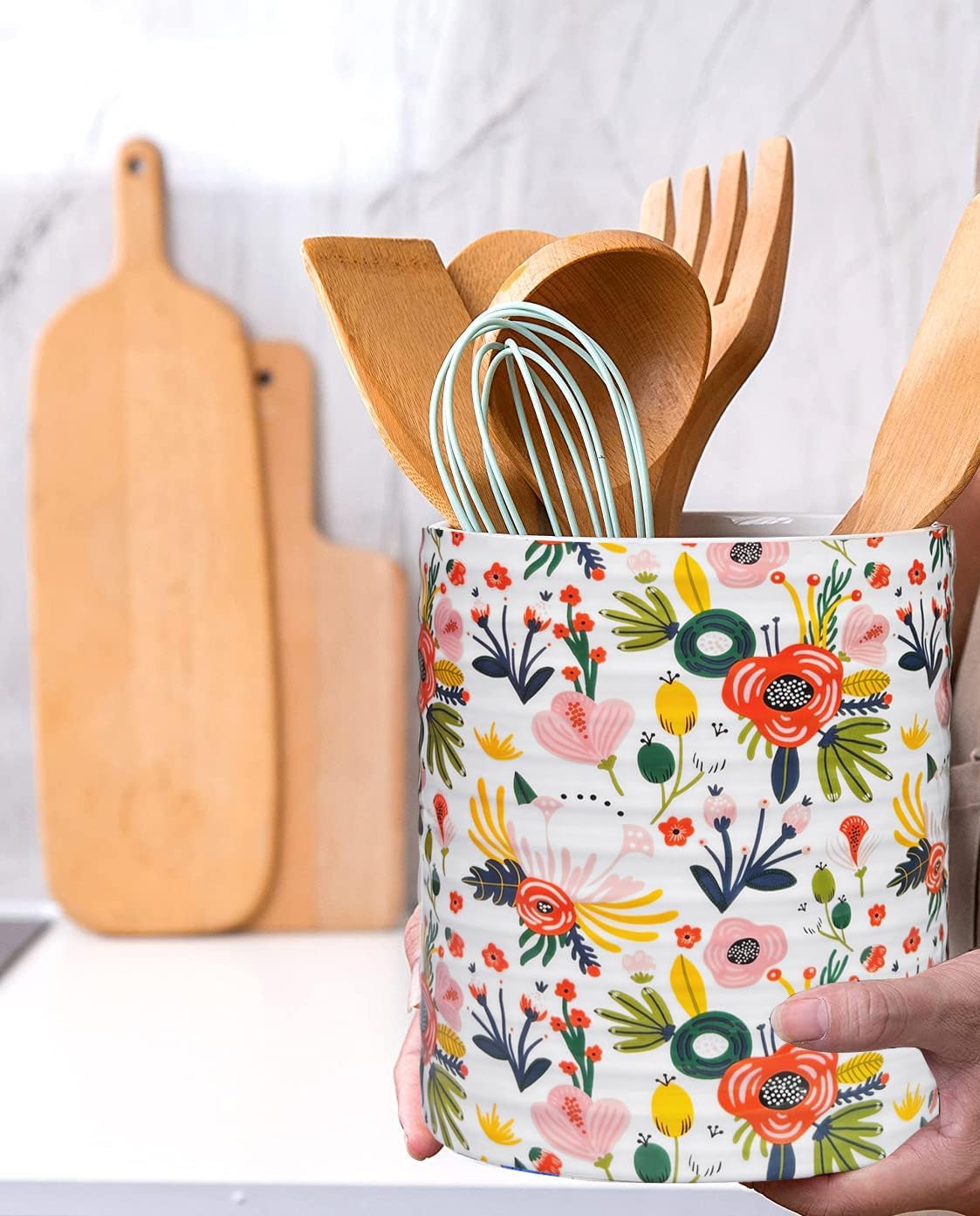 Kitchen Utensil Holder,7.2″Extra Large Stable Garden Floral Pattern Ceramic Utensil Crock,Flower Utensil Organizer for Countertop,Kitchen Decor,Utensil Holder for Housewarming,Wedding Gift