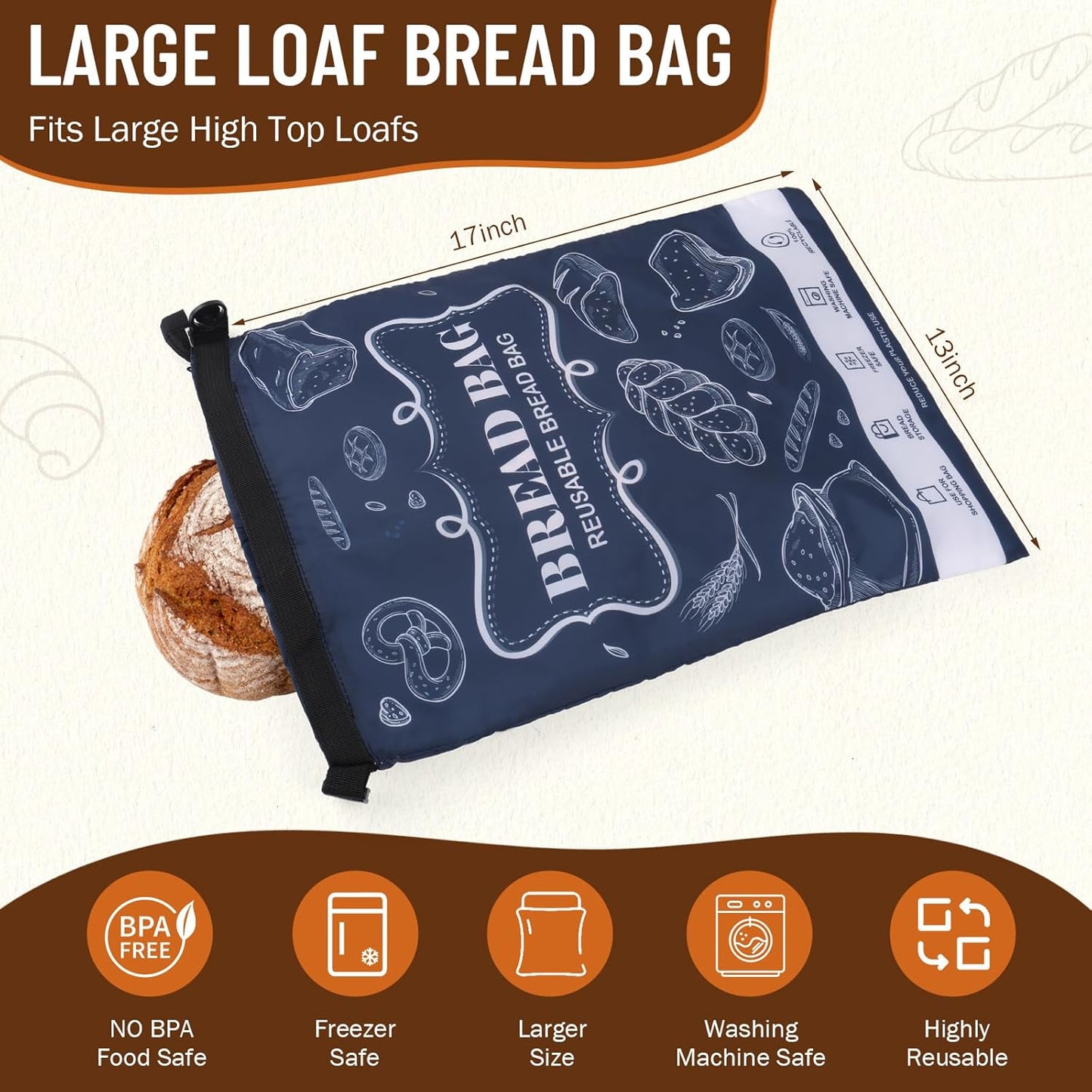 Bread Bags, 2 Packs Bread Bags to Keep Fresh, Reusable Zipper for Homemade Loaf, Freezer Storage Bag, Container, Fresh Keeping Extra Large Food Bag (White)