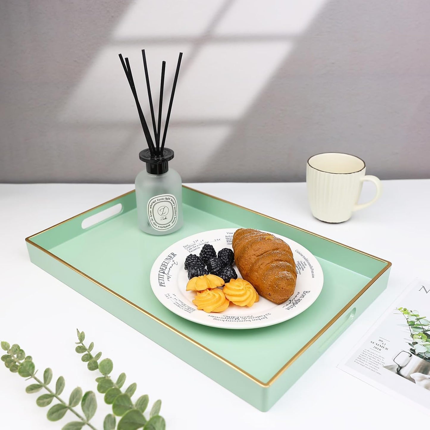 Spsyrine Green Decorative Serving Tray with Handles, Elegant Plastic Coffee Table Tray for Ottoman, Living Room, Home Decor 15.6" X 10.2"