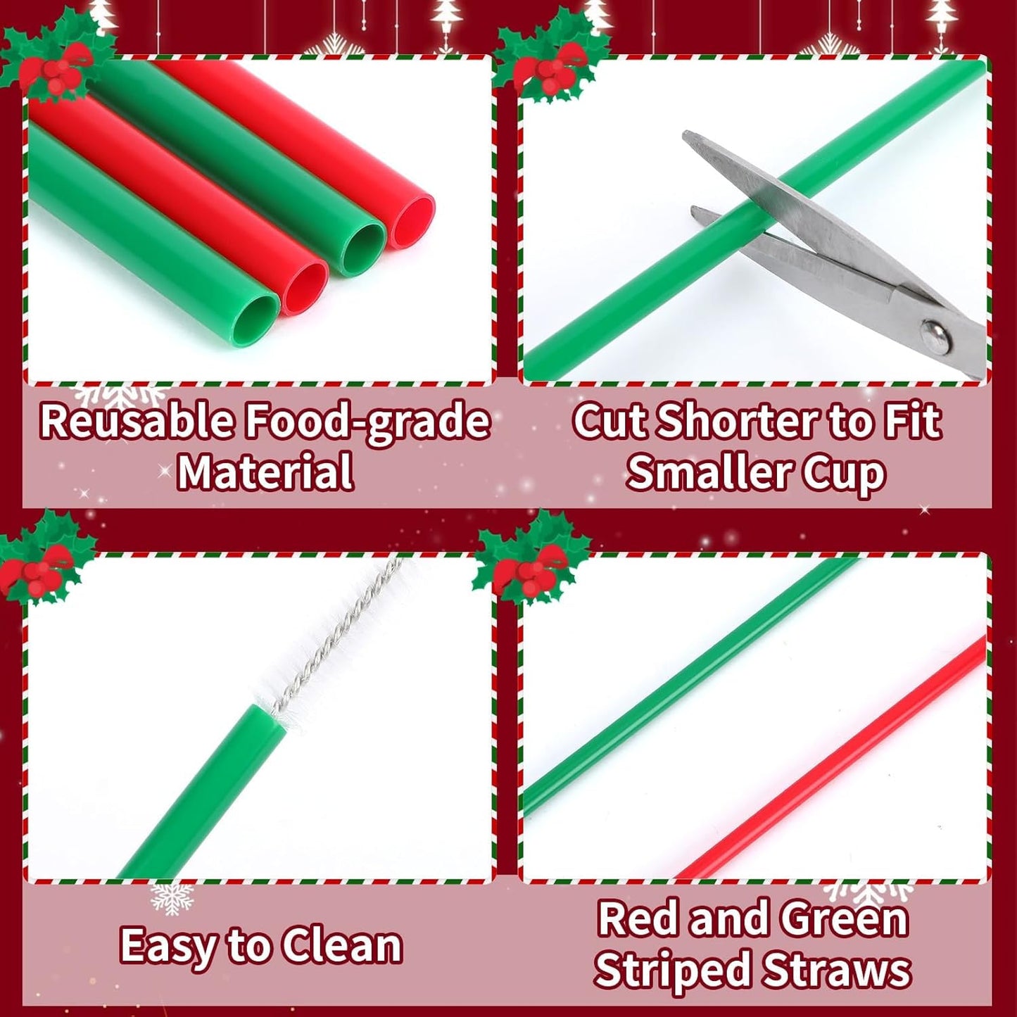 JANYUN 30 Pcs Christmas Straws Plastic, Reusable Red and Green Straws 9 Inch Xmas Hard Plastic Drinking Straws with Cleaning Brush for Holiday Christmas Party Favors Supplies Table Decoration