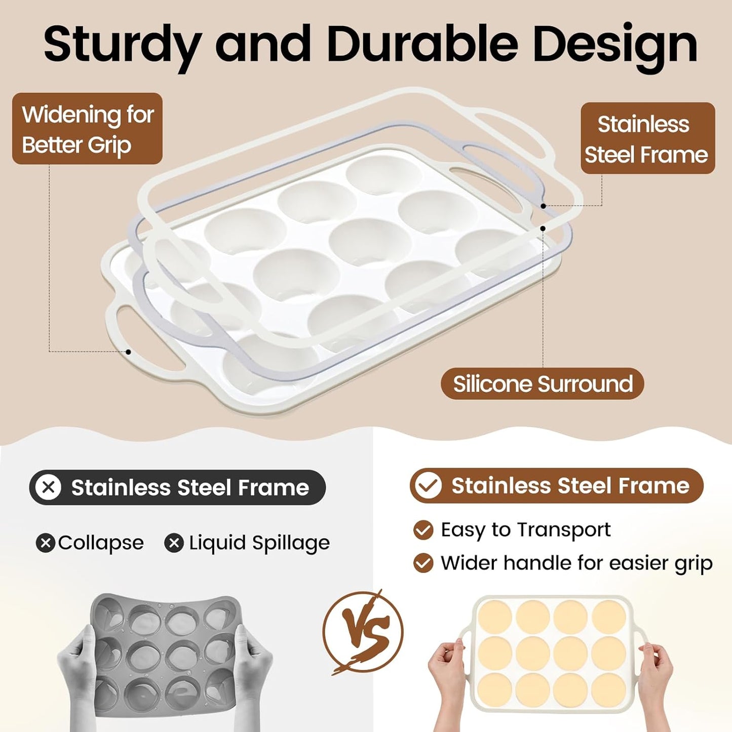 Silicone Muffin Pans for Baking 1 Pack, 2.6 Inch with Metal Reinforced Frame, Regular Size Nonstick Cupcake Pan 12 Cups for Baking Homemade Muffins, Dishwasher Safe BPA Free-Grey