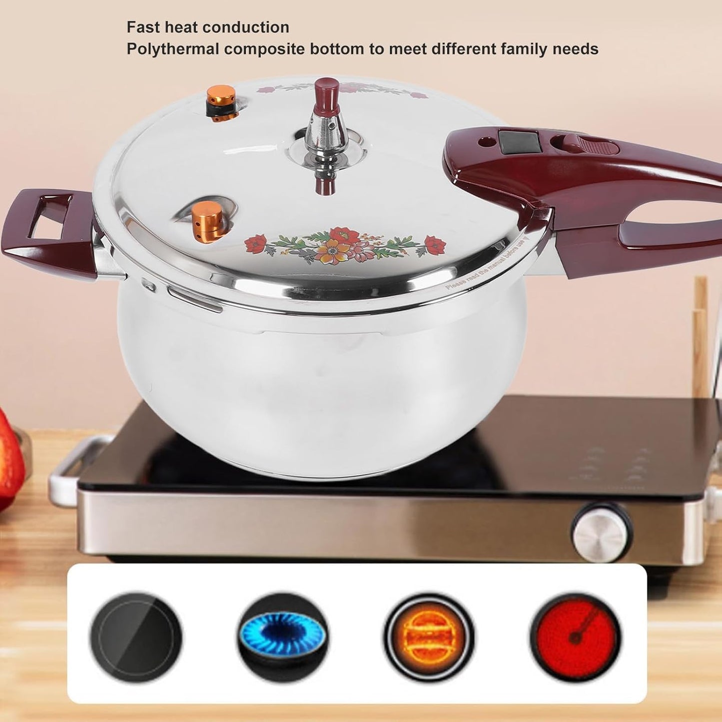Stainless Steel Pressure Cooker 80KPA, Cookware Pressure Canner Rice Cooker with Safety Valve Devices, Compatible with Gas & Induction Cooker (6L)
