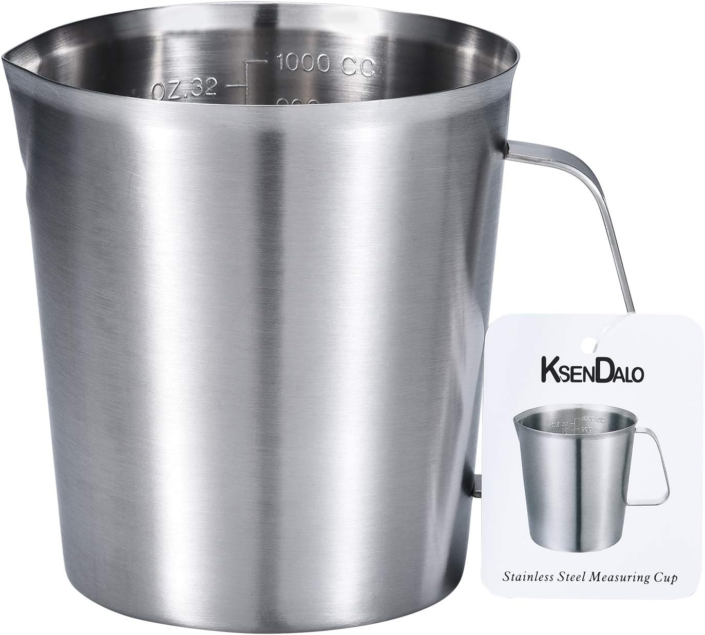 KSENDALO 1.0L/32oz SUS304 Stainless Steel Measuring Cup - Precision Engraved Markings for Liquid, Coffee, Milk & Espresso - 4 Cup Kitchen Mixing Pitcher, Container for Baking & Frothing