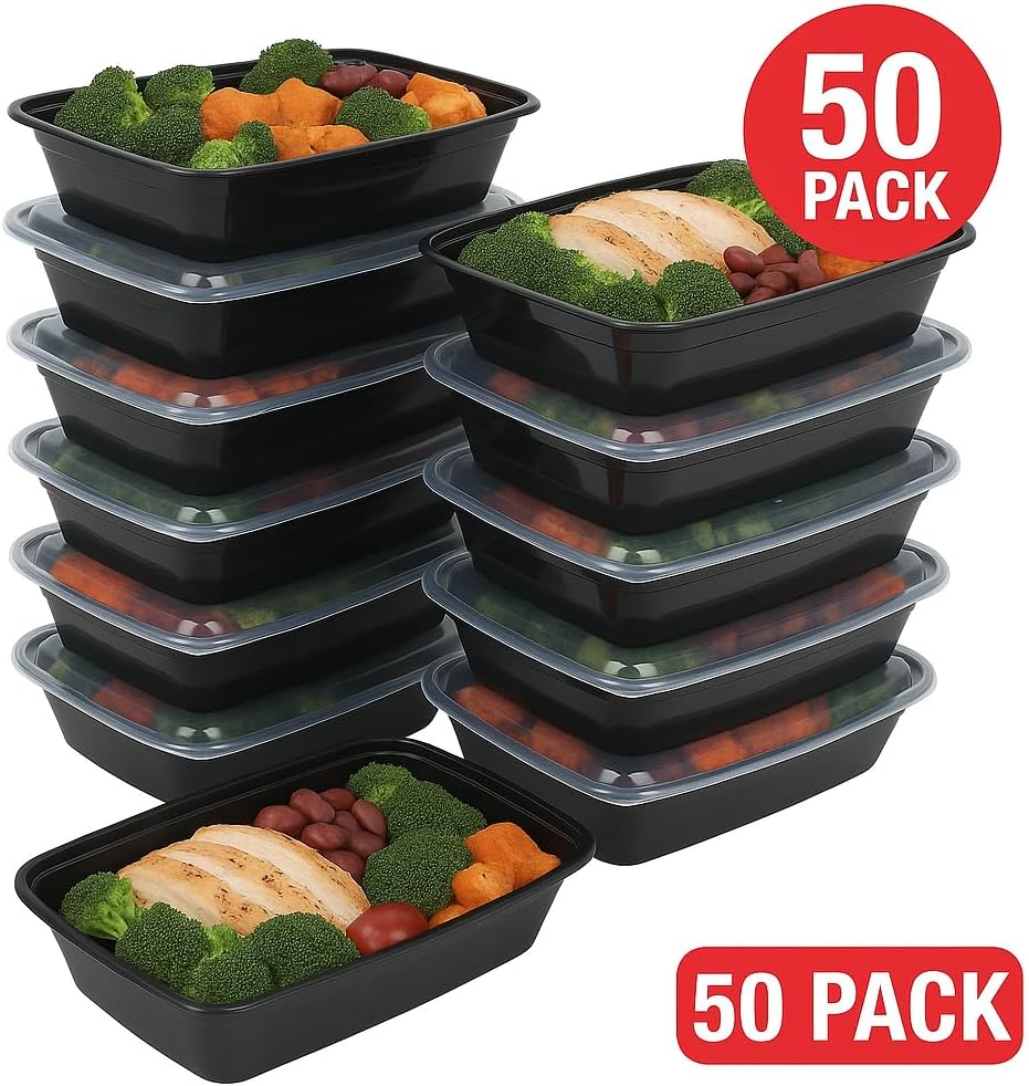 Ruthy's Outlet Meal Prep Containers W/Lids -Square Food Storage – BPA-Free| Stackable | Microwave | Freezer & Dishwasher Safe | Reusable Lunch Bento Box Portion Control & Planning (50 Pack, 24 oz)