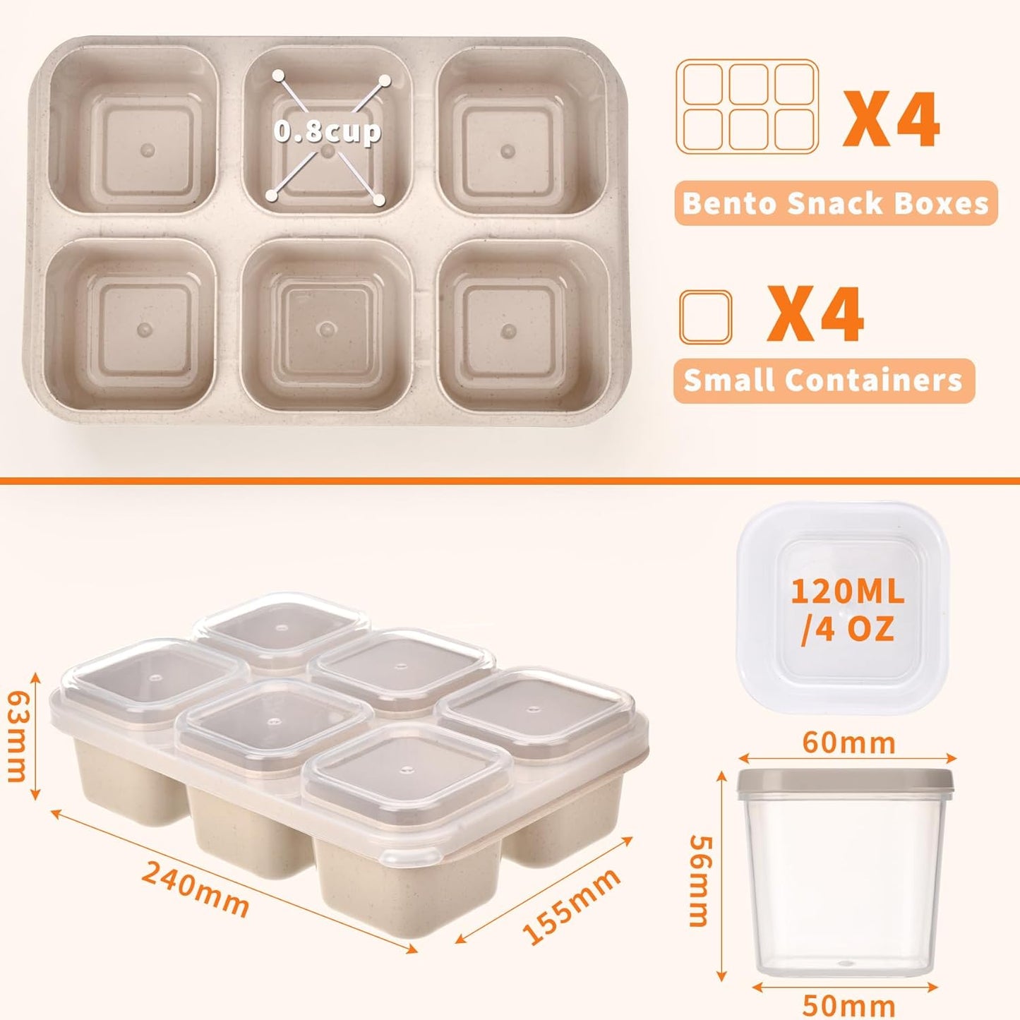 4-Pack Leakproof Bento Box & Snack Containers for Kids & Adults | 6-Compartment with 4 Sauce Cups | Ideal for School, Office, Picnic & Travel (38oz/1100ml) (Pink/Beige/Orange/Green)