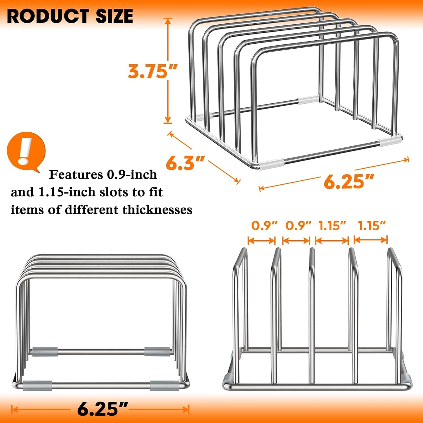 304 Stainless Steel Cutting Board Organizer Rack – Rustproof Compact 4-Slot Holder for Thin Cutting Boards and Plates – Premium Kitchen Storage Solution for Countertops and Cabinets