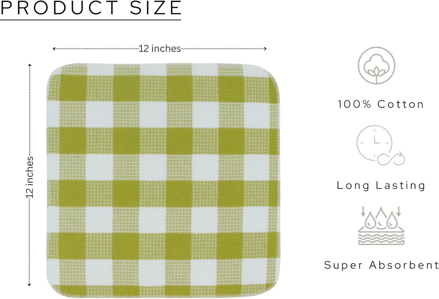 Waffle Weave Plaid Dish Cloths, 100% Cotton - 12 x 12 Inches, Ultra Soft Absorbent Quick Drying Dish Towels Buffalo Check Dish Rags for Kitchen, 6 Pack - Spring Summer - Light Green and White