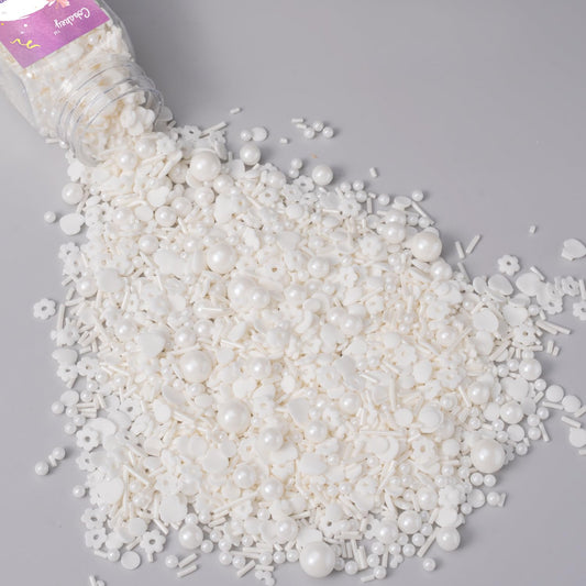 White Lovers Sprinkles for Cake Decorating 4.23ounce - Sugar Mix Contains Heart & Flowers Pearl Sprinkles for Cupcake Toppers, Ice Cream, Candy, Cookie Decorations - Wedding Party Supplies