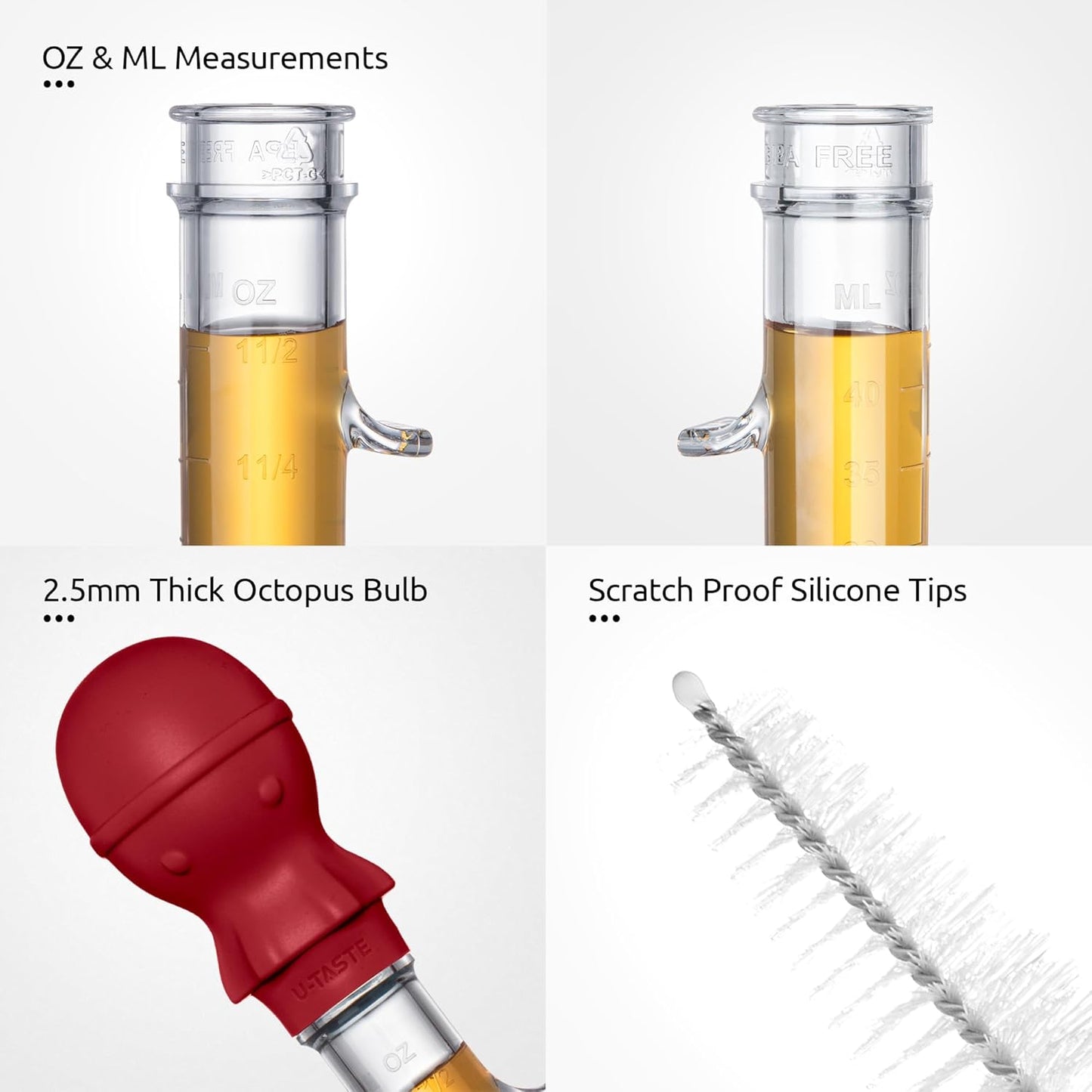 U-Taste 1.5oz Angled Turkey Baster - 228.2ºF Heat Resistant Food Grade Tritan and Silicone Large Octopus Bulb Baster Set with Cleaning Brush for Cooking Basting Meat Poultry Beef Chicken (Red)