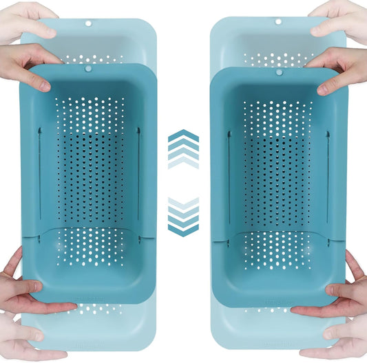 BLUE GINKGO Sink Colander Baskets - (Pack of 2) Wash Vegetables and Fruits, Drain Cooked Pasta and Dry Dishes - Extendable - New Home Kitchen Essentials (2 Teal)