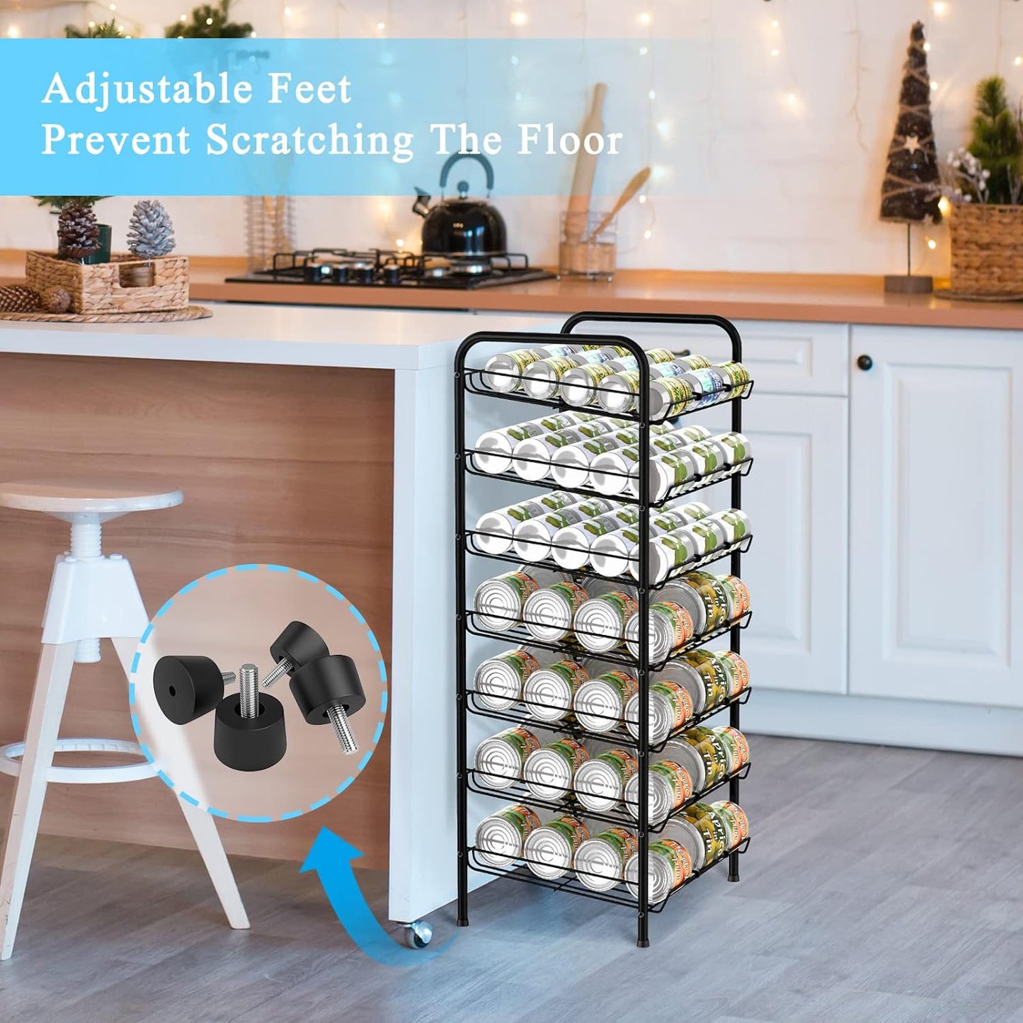 Vrisa Can Organizer for Pantry 7-tier Can Rack Organizer Metal Can Storage Dispenser Rack Holds up to 84 Cans for Canned Food Kitchen Cabinet or Pantry Shelf Black