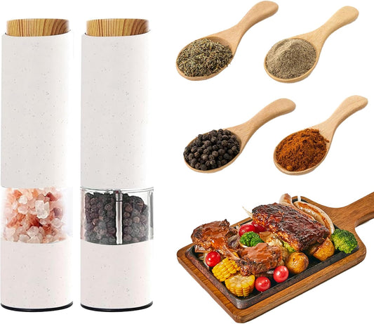 MEHIDFY Electric Salt and Pepper Grinder Set, 2 Pack Salt and Pepper Grinder Battery Operated, One-Handed Automatic Salt and Pepper Mill Grinder with LED Light, Adjustable Coarseness (White)