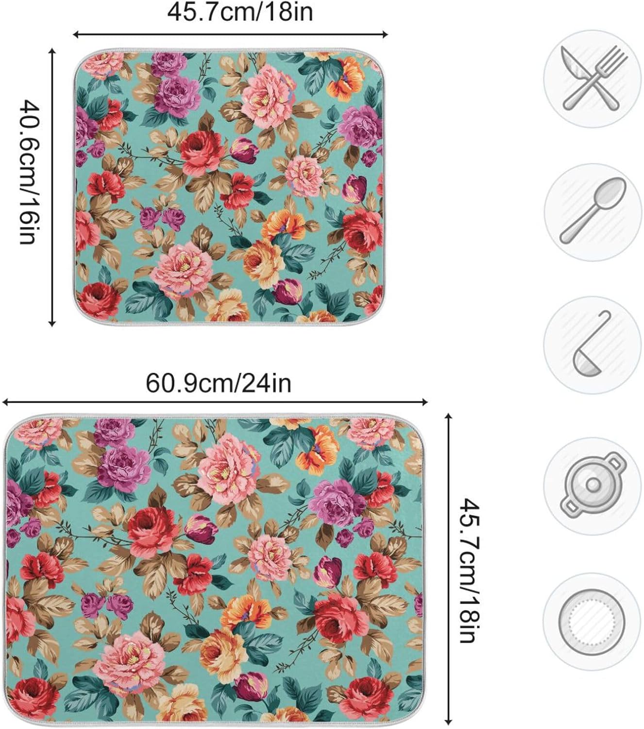 Colorful Flower Leaves Dish Drying Mat for Kitchen Counter Absorbent Microfiber Drying Pad, Medium 16x18 in, Reversible Drainer Mats