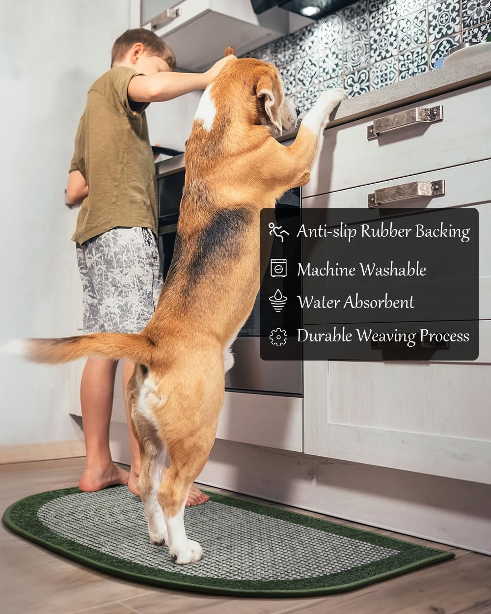PADOOR Kitchen Mats for Floor, Kitchen Rugs Non Slip Washable, Half Circle Kitchen Floor Mat Sink Rug Rubber Backed Super Absorbent, 20"x32" Green