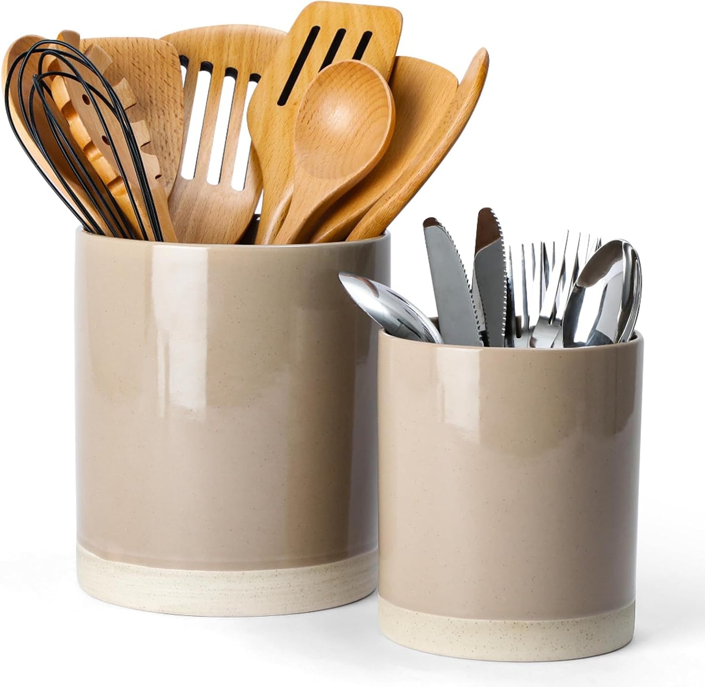 famiware Milkyway Kitchen Utensil Holder for Countertop, 7.2"+5.8" Ceramic Cooking Utensil Crocks for Counter, Utensil Organizer for Spatula & Spoon, Kitchen Decor, Set of 2, Cinnamon Brown