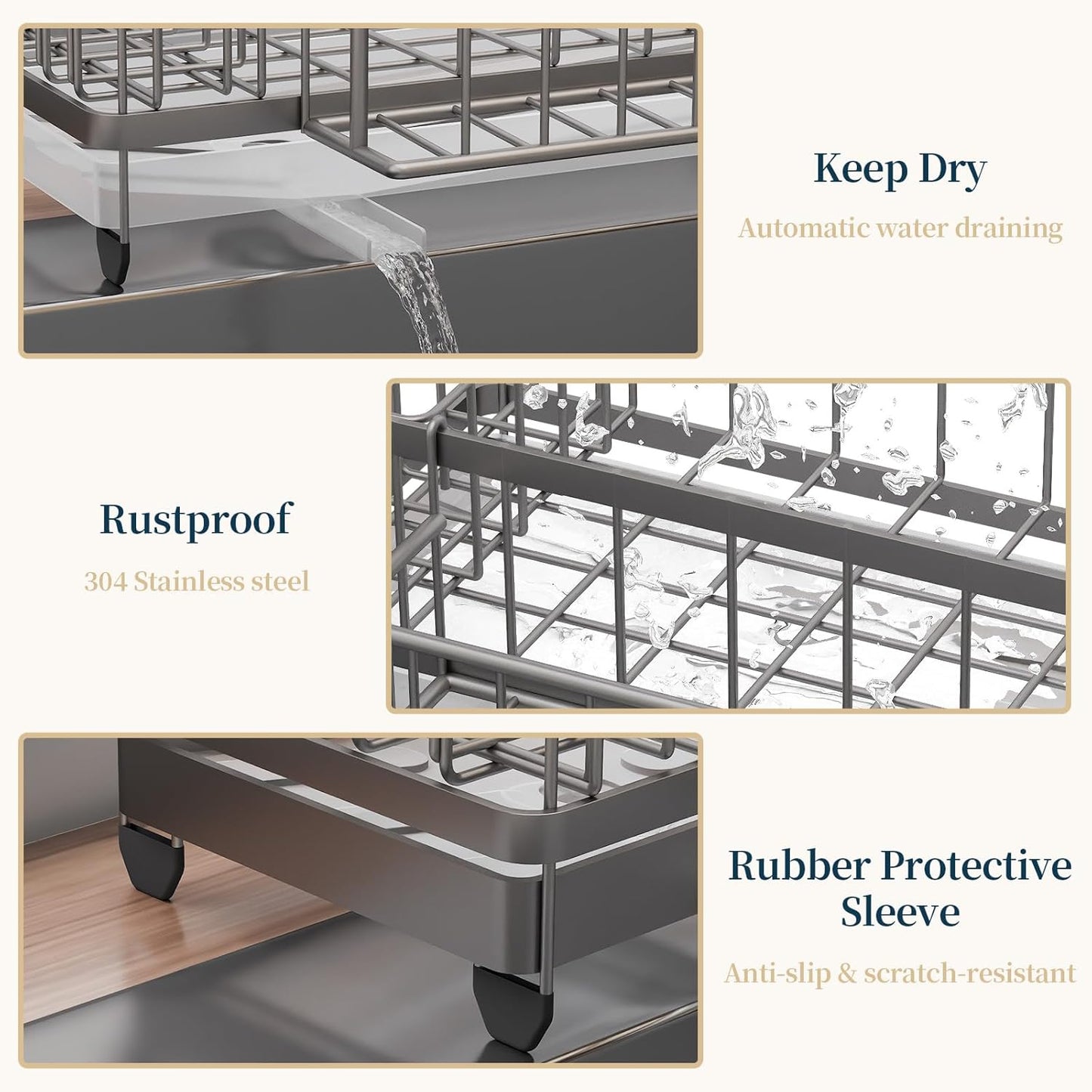 Consuemst Sponge Holder for Kitchen Sink - Auto Draining Sink Caddy Organizer with Detachable Rack, High Brush Holder, Kitchen Countertop Storage Accessories, Sand Nickel