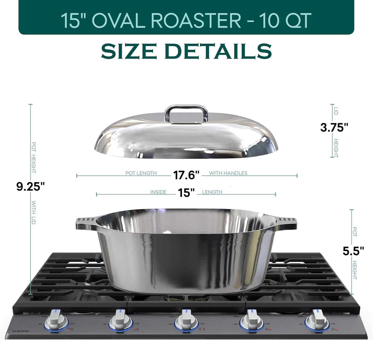 Cast Aluminum Oval Dutch Oven with Lid - 10 QT Heavy Duty & Lightweight Roaster Pan with Rack & Silicone Cover Dual Handles — Cajun Cookware for Roasting, Baking, Cooking (15" - Large)