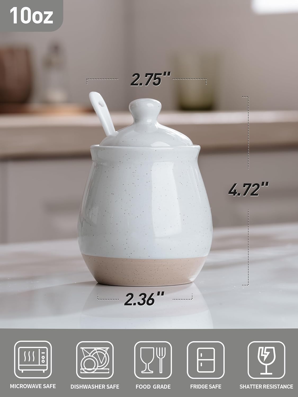 famiware Milkyway Sugar Bowl with Lid and Spoon, 10oz Ceramic Sugar Jar/Pot/Dispenser for Salt, Condiments, Spice, Seasonings, Sugar Container for Coffee Bar, Home, Kitchen, and Countertop, Light Gray