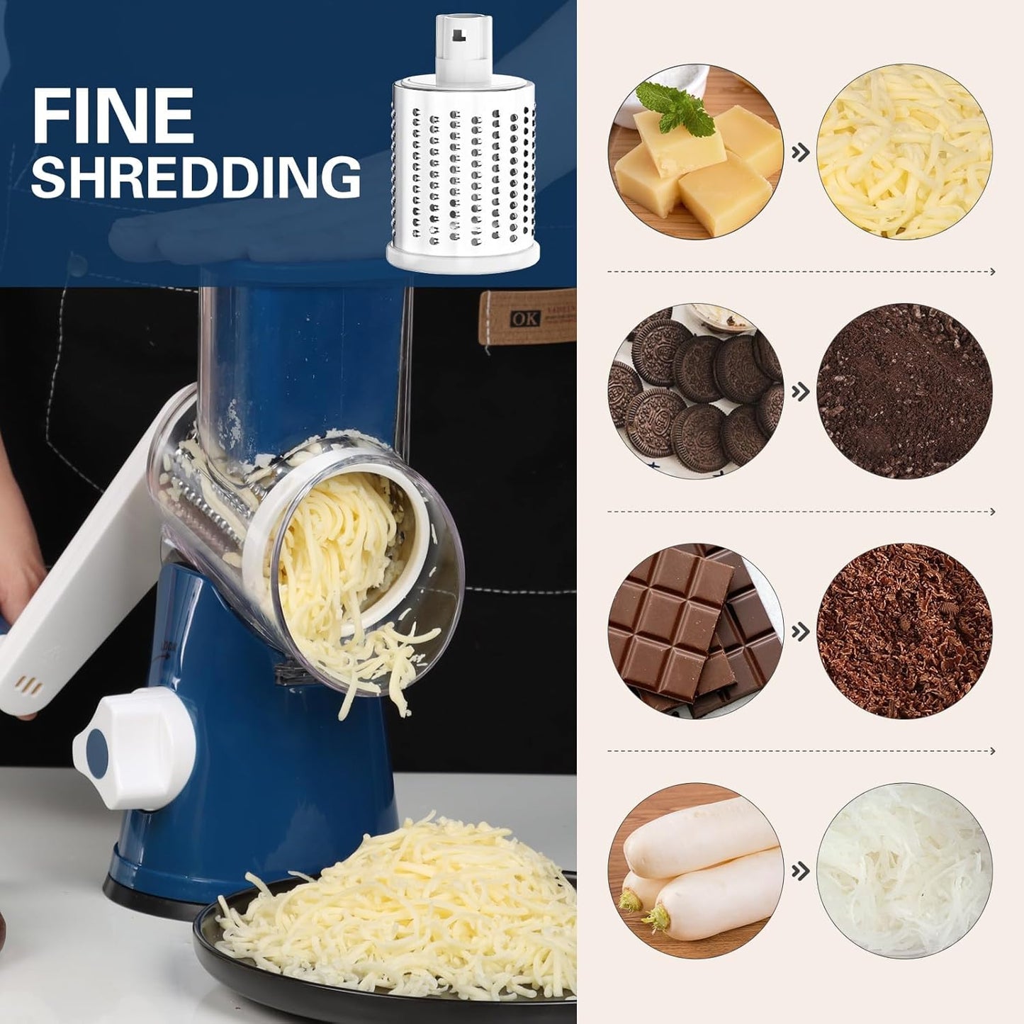 Cambom Rotary Cheese Grater Hand Crank Cheese Shredder for Fresh Cheese, Vegetable, Nuts,Non-slip Suction Base, Free Cleaning Brush Three Blades,Deep Blue