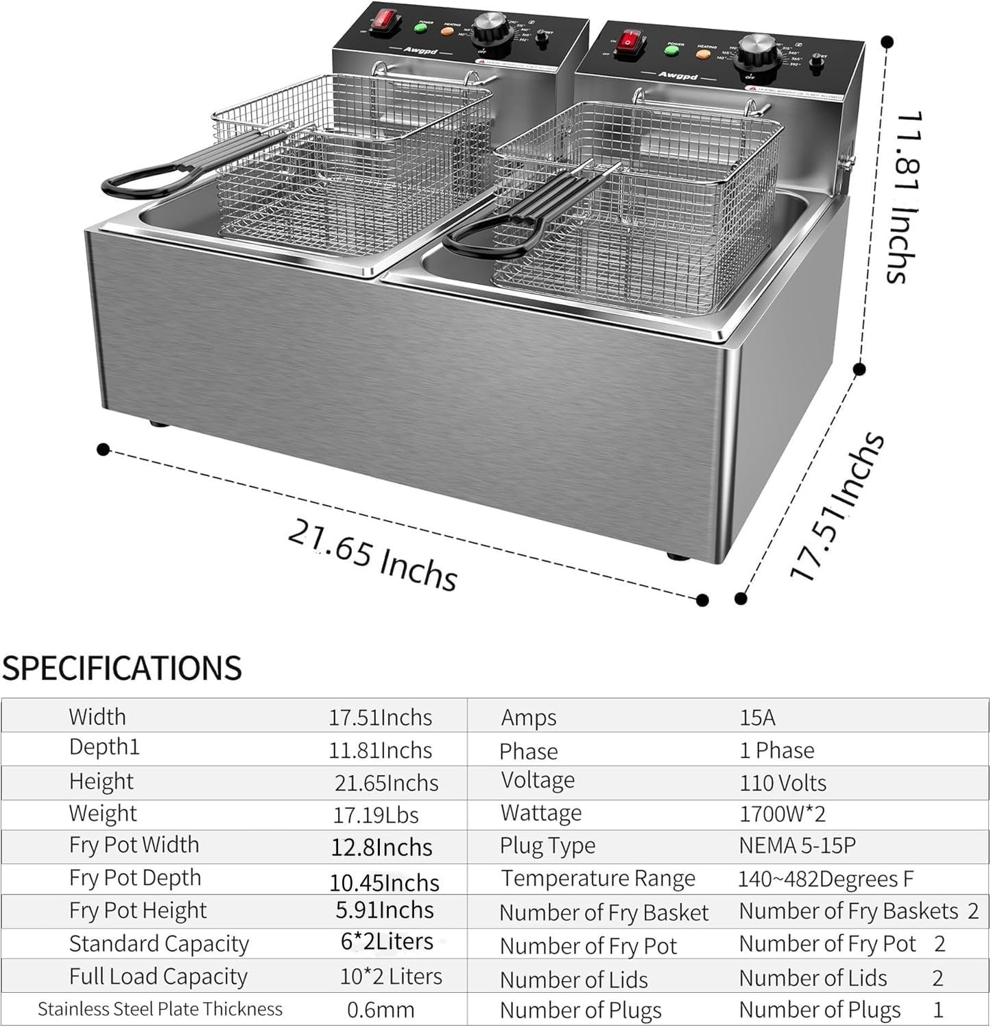 Commercial Deep Fryer with Baskets Stainless Steel Double Deep Fryer with 2 Baskets Capacity 10L X 2(21.3QT) Electric Countertop Fryer for Restaurant and Home Use, 110V 3400W