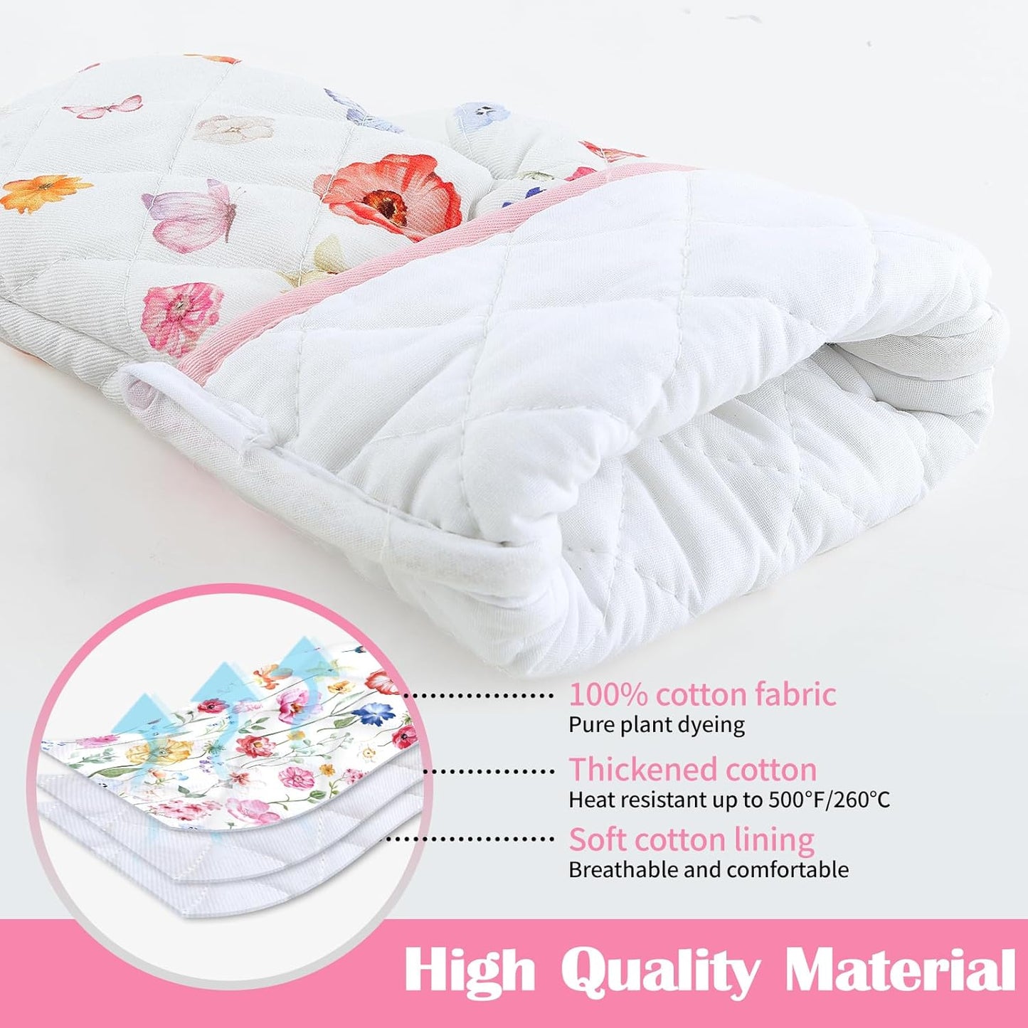 Wildflower Oven Mitts and Pot Holders Sets 2Pcs, 100% Cotton Heat Resistant, Extra Long Oven Gloves Potholder for Kitchen Cooking Baking Decoration