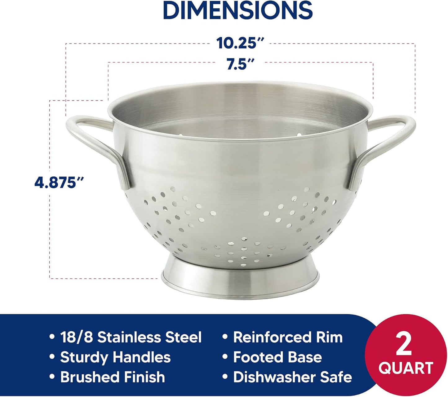 HIC Kitchen Pierced Colander, 18/8 Stainless Steel, 7.5-Inch Bowl, 2-Quart Capacity