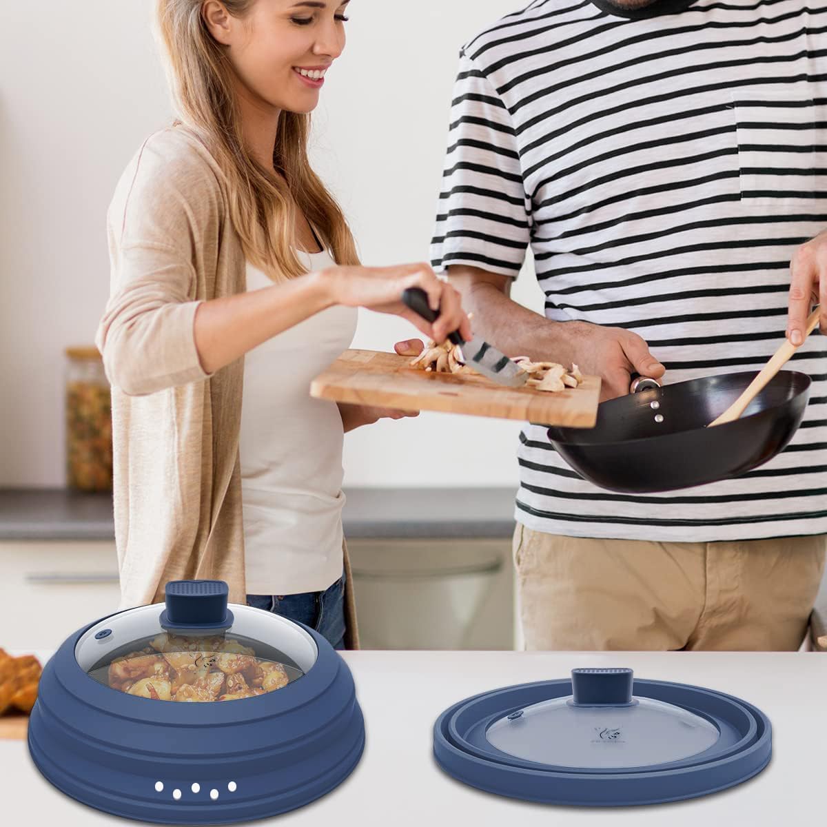 Microwave Splatter Cover Glass Cover Guard Lid with Collapsible Silicone for Food Pot Plate Cover 10.8 inch Dark Blue