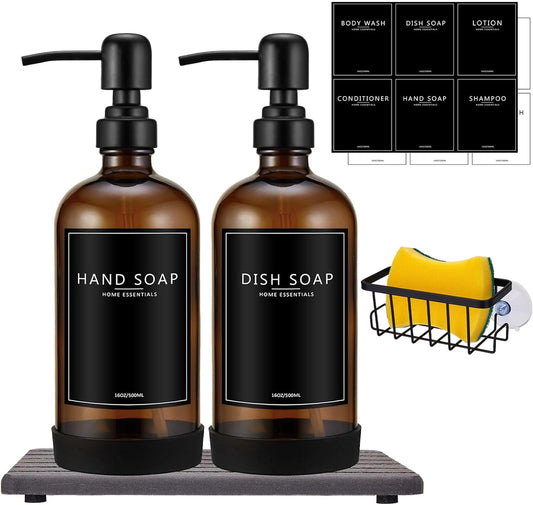 Kitchen Soap Dispenser Set with Instant Dry Tray & Sponge Holder,16 Oz Hand and Dish Soap Amber Glass Dispenser Set,Stainless Steel Pump,Waterproof Labels,Luxury Soap Bottle for Bathroom